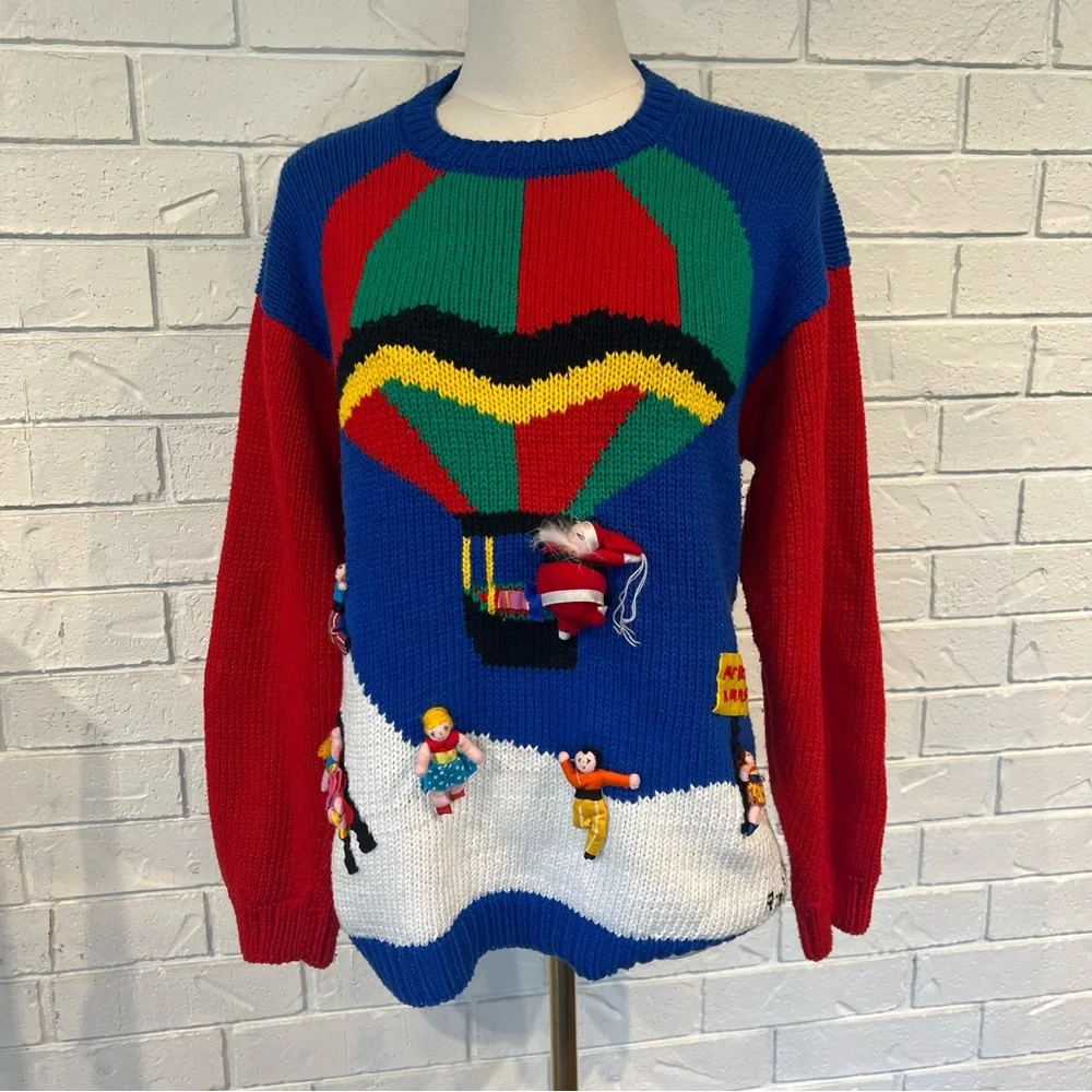 Vintage 90s Raquel Collection Peru Santa Balloon Christmas Sweater Womens M